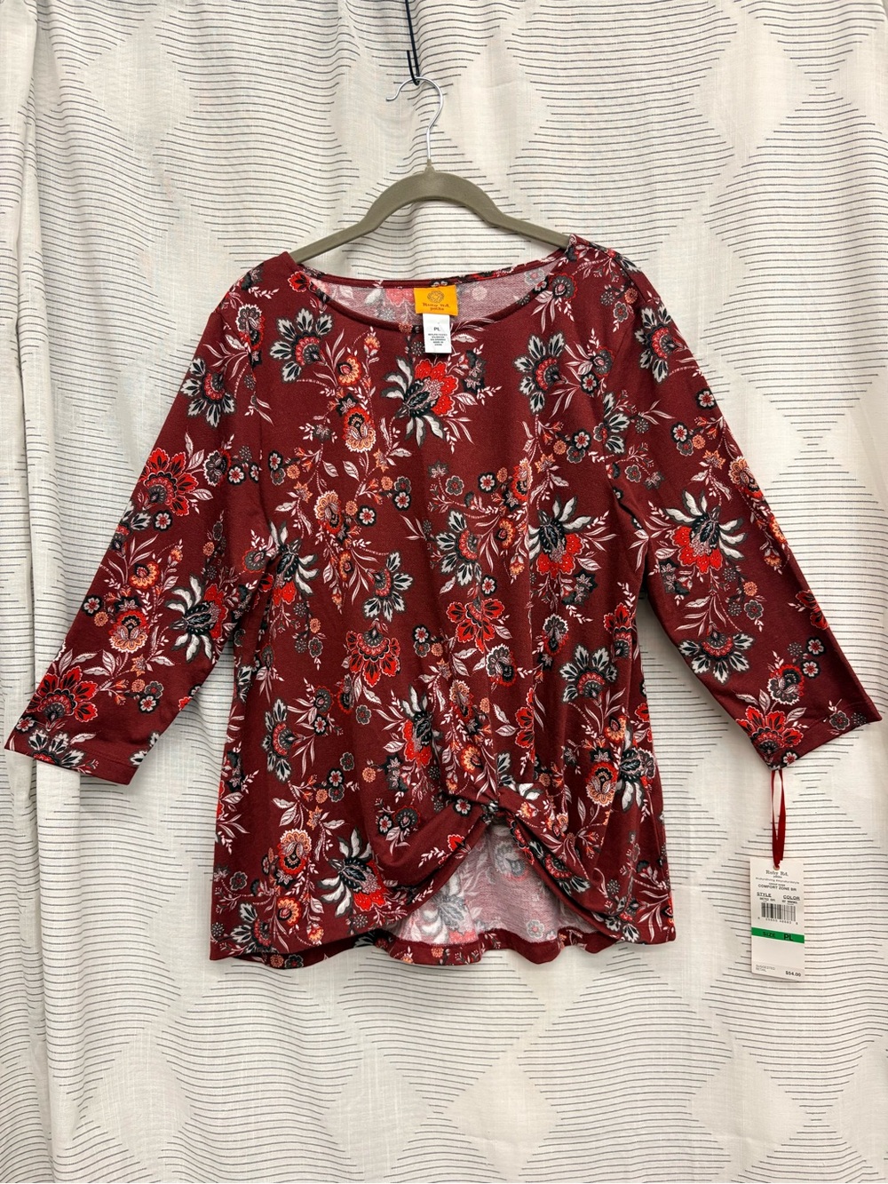 Fall Feminine Coastal  Casual Burgundy Floral Twist-Front Long Sleeve Top NWT